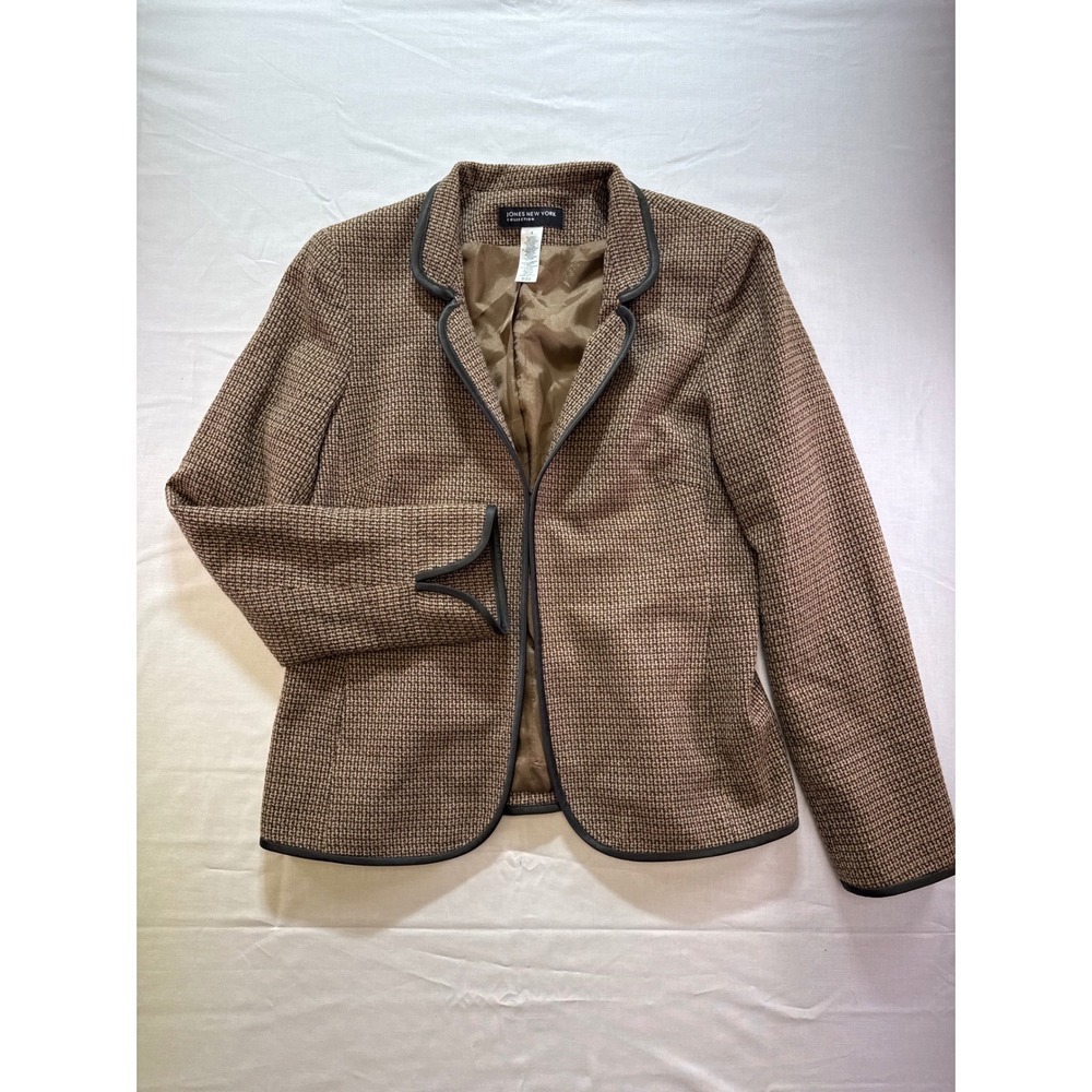 Jones New York Collection Brown Tweed Blazer Open Front Piping Jacket Womens 8